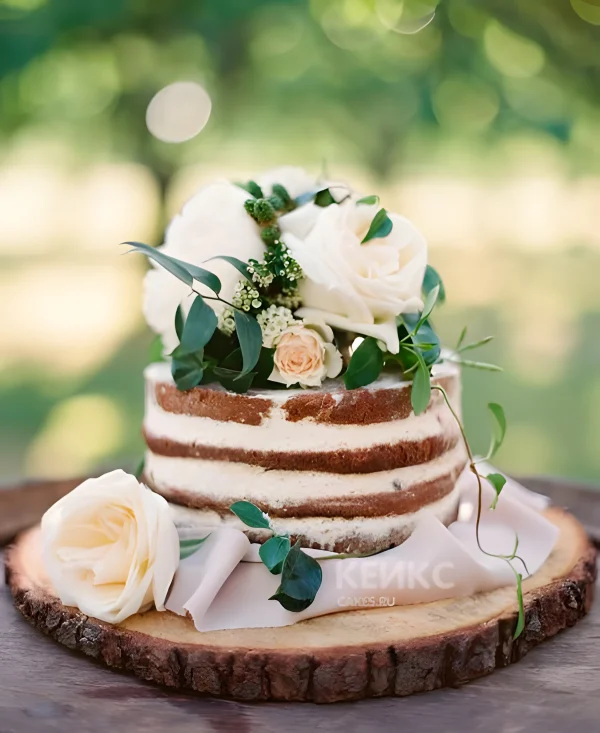 Свадебный торт в стиле рустик с цветами Фото