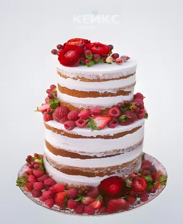 Двухъярусный голый торт со свежими ягодами малины и клубники Фото