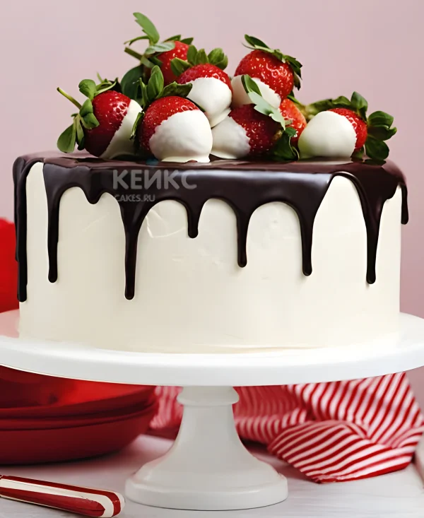 Торт с клубникой и шоколадными подтеками Фото