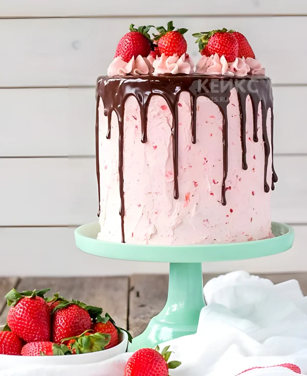 Аппетитный торт с клубникой из крема Фото