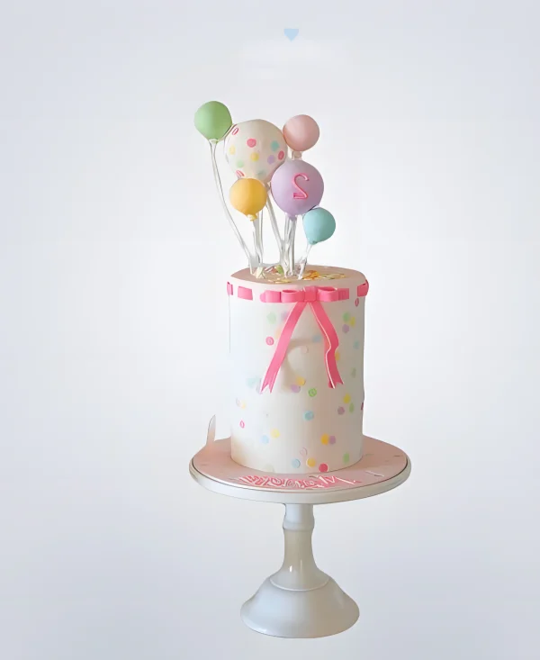 Разноцветный торт с шариками и розовым бантиком Фото