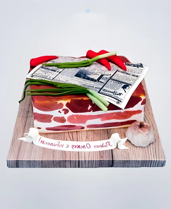 Торт в виде куска сала с луком Фото