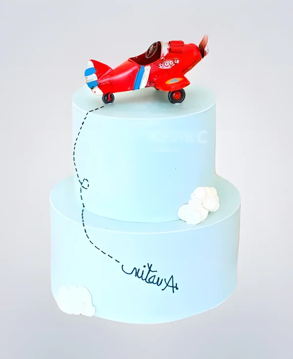 Двухъярусный торт голубой с красным самолетом Фото
