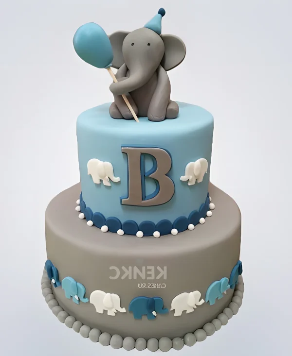 Серо-голубой торт со слонятами и инициалами Фото