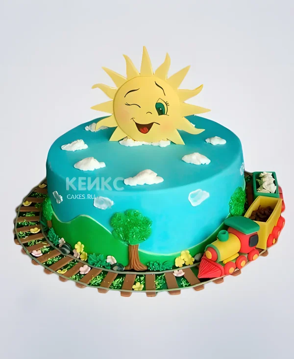 Яркий торт с подмигивающем солнцем Фото