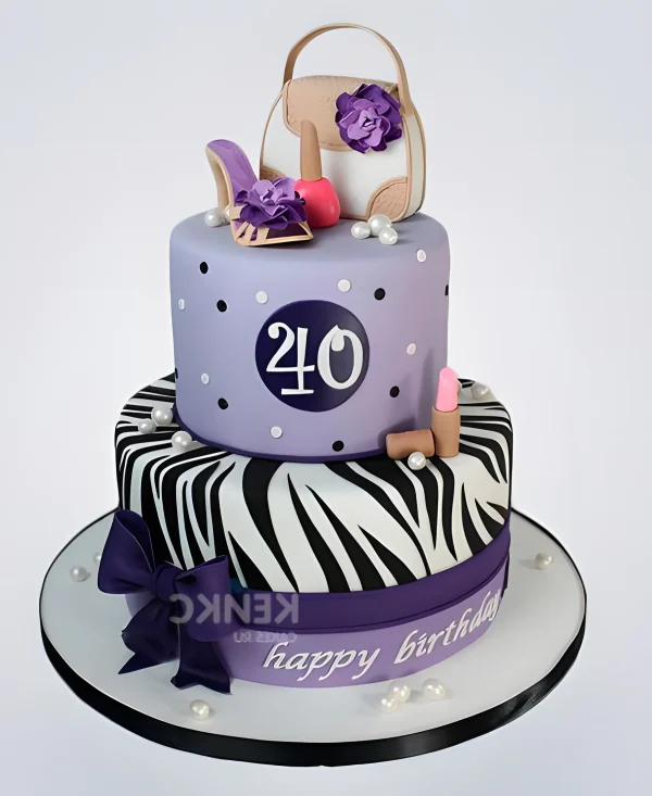 Торт ярко-фиолетовый с сумкой и босоножками Фото