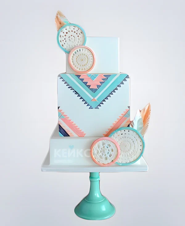 Розово-голубой торт в стиле бохо на свадьбу Фото