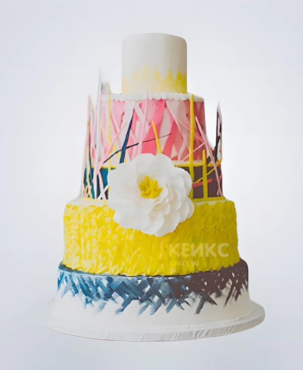 Свадебный торт в стиле бохо с разноцветными ярусами и цветком Фото