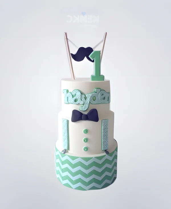 Торт с бабочкой и усами мятного цвета с цифрой 1 Фото