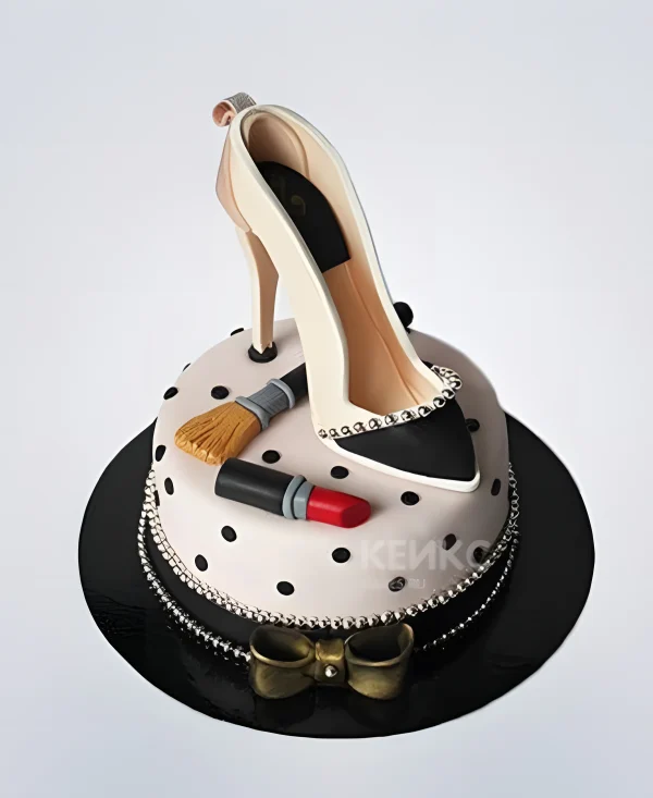 Торт в горошек с туфлей и красной помадой Фото