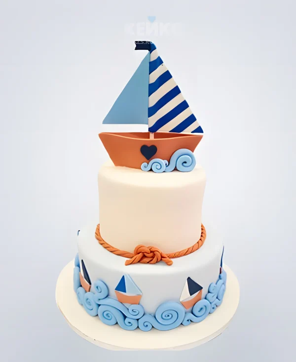 Белый двухъярусный торт с корабликом Фото