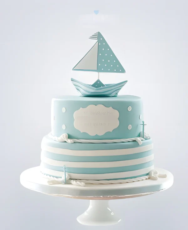 Голубой полосатый торт с корабликом и канатами Фото