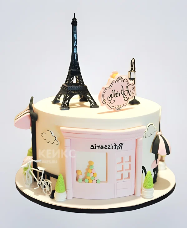 Торт в стиле Париж с Эйфелевой башней и велосипедом Фото