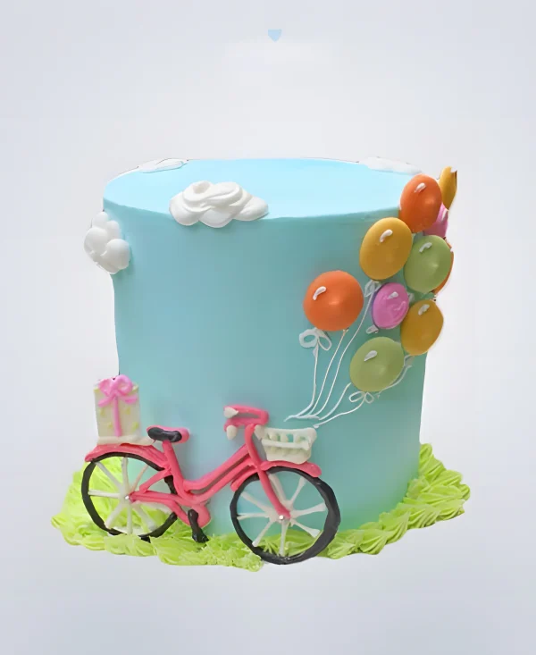 Голубой торт с велосипедом и шариками Фото
