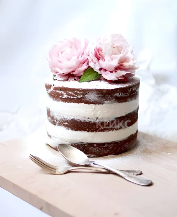 Весенний торт с голыми коржами и пионами Фото