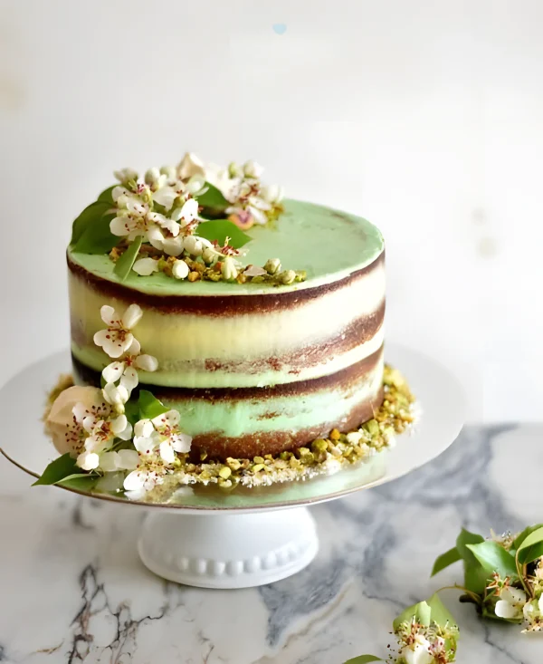 Красивый зеленый торт с цветами и открытыми коржами Фото