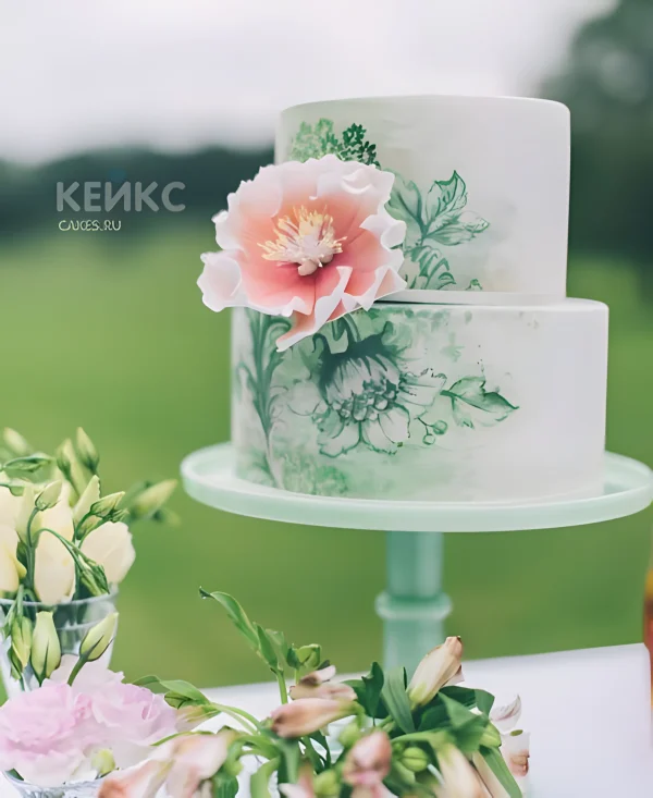 Белый двухъярусный торт с зеленым рисунком цветов Фото