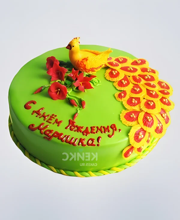 Зеленый яркий торт с Жар-птицей Фото