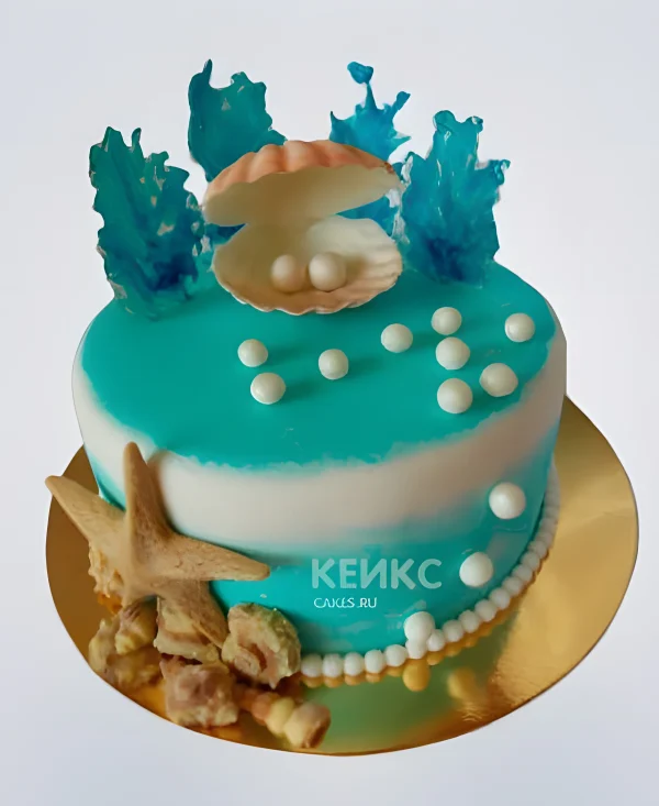 Бирюзово белый торт с жемчужиной Фото