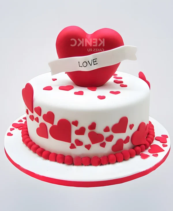 Торт белый с красными сердцами Фото