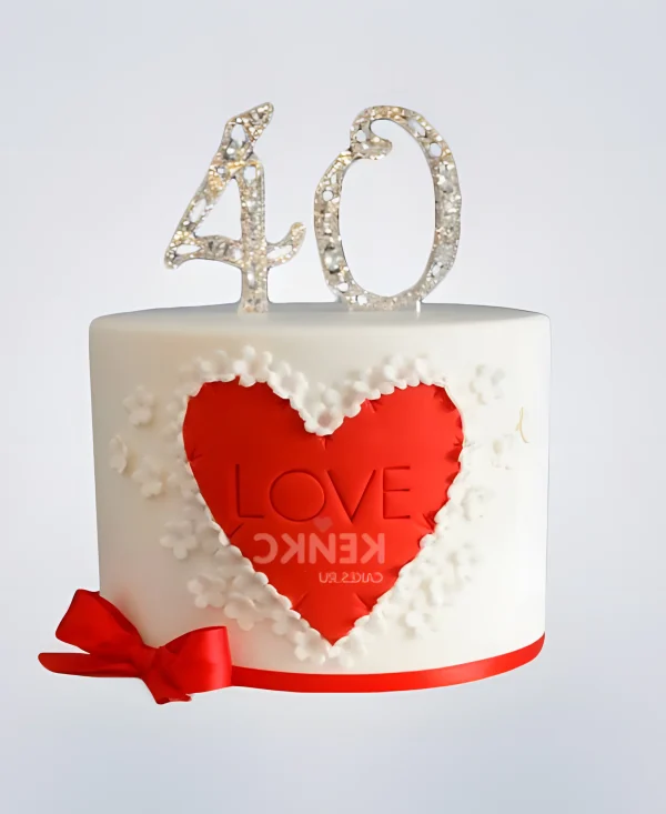 Торт белый с красным сердцем и цифрами Фото