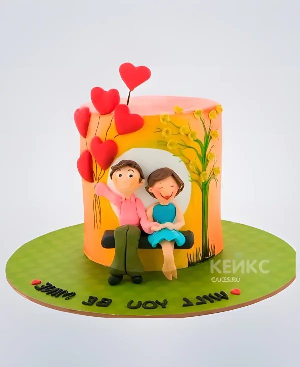 Милый торт с влюбленными на лавочке Фото