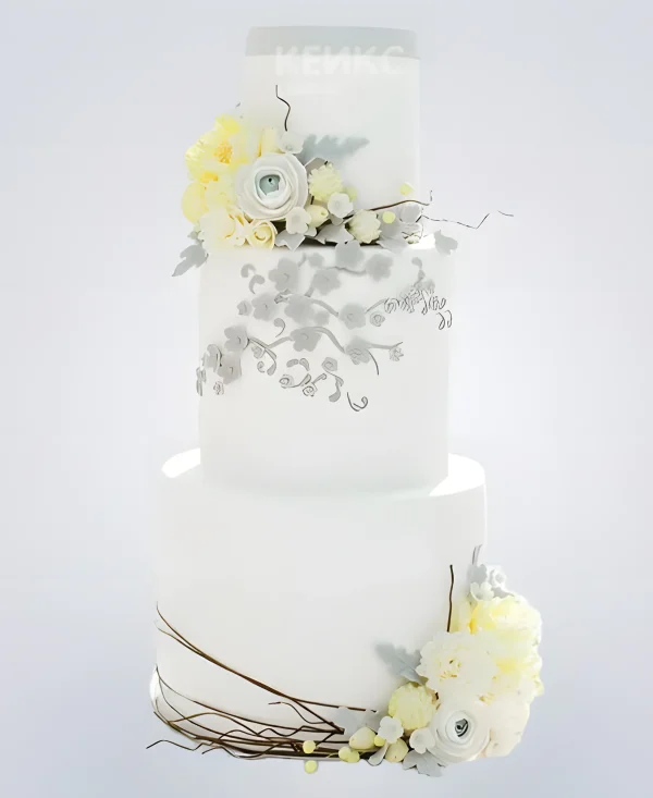 Белый весенний свадебный торт с цветами Фото