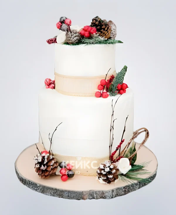 Двухъярусный торт зимний свадебный с шишками Фото