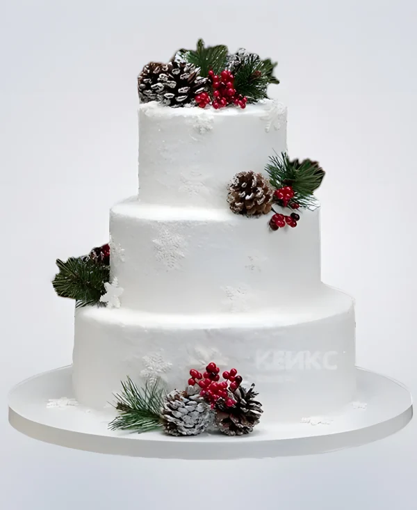 Свадебный торт в зимней тематике с шишками Фото