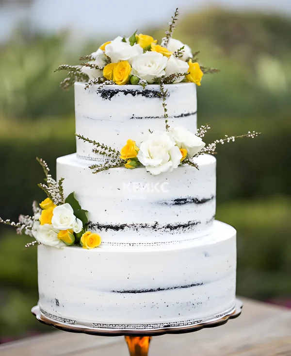 Свадебный торт без мастики с желтыми цветами Фото