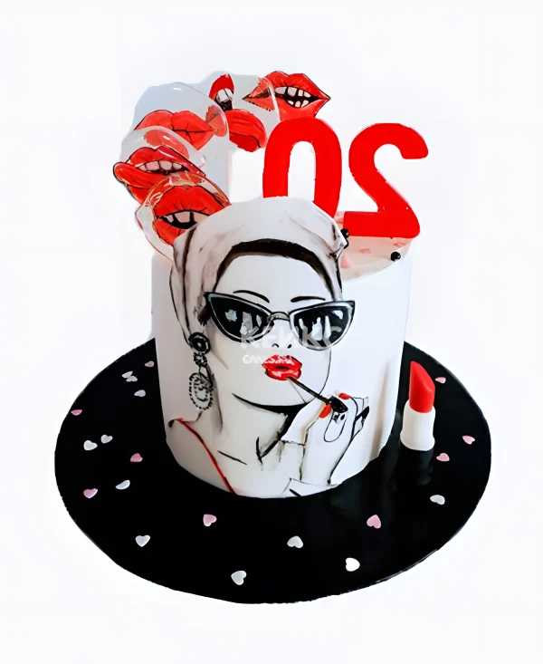 Стильный торт с красными губами и помадой Фото