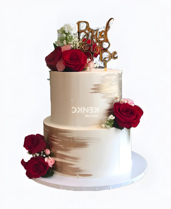 Белый двухъярусный свадебный торт с красными розами Фото