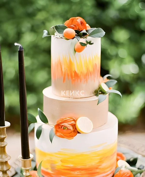 Шикарный свадебный торт в персиковых тонах с мандаринами и цветами Фото