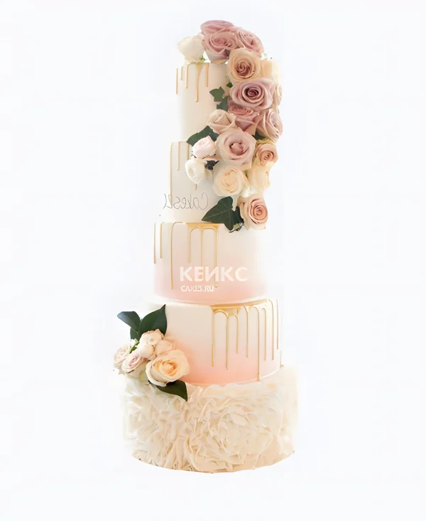 Пятиярусный торт с розами и глазурью Фото