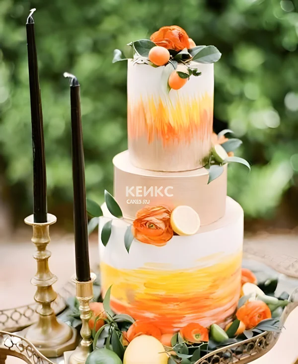 Стильный торт с яркими оранжевыми цветами Фото