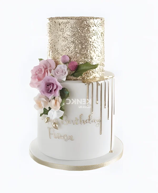 Стильный торт с золотыми потеками и цветами Фото