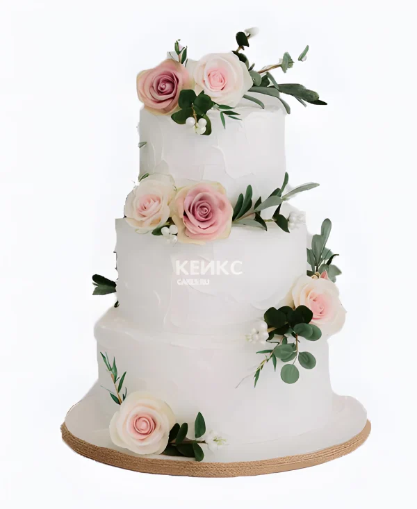 Торт с нежно-розовыми цветами и веточками Фото