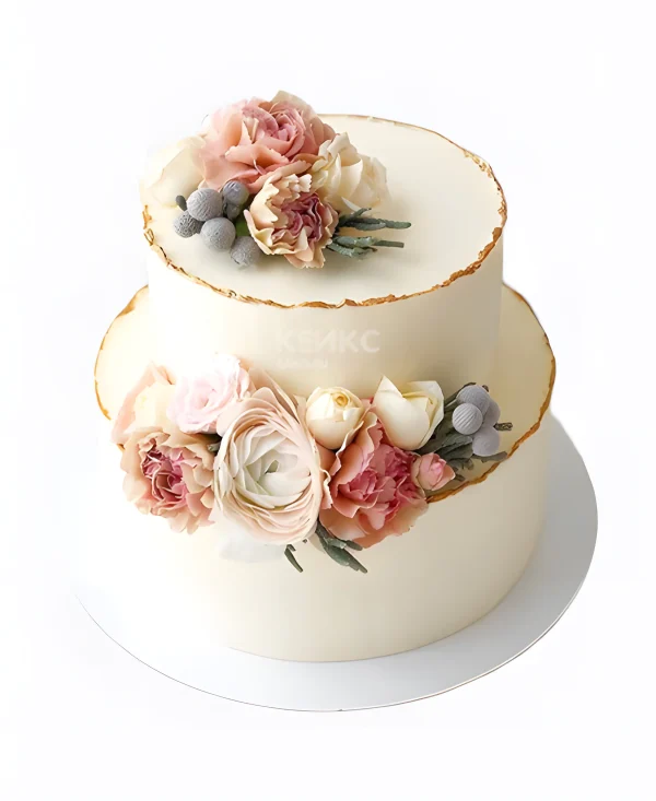 Простой свадебный торт двухъярусный с цветами Фото