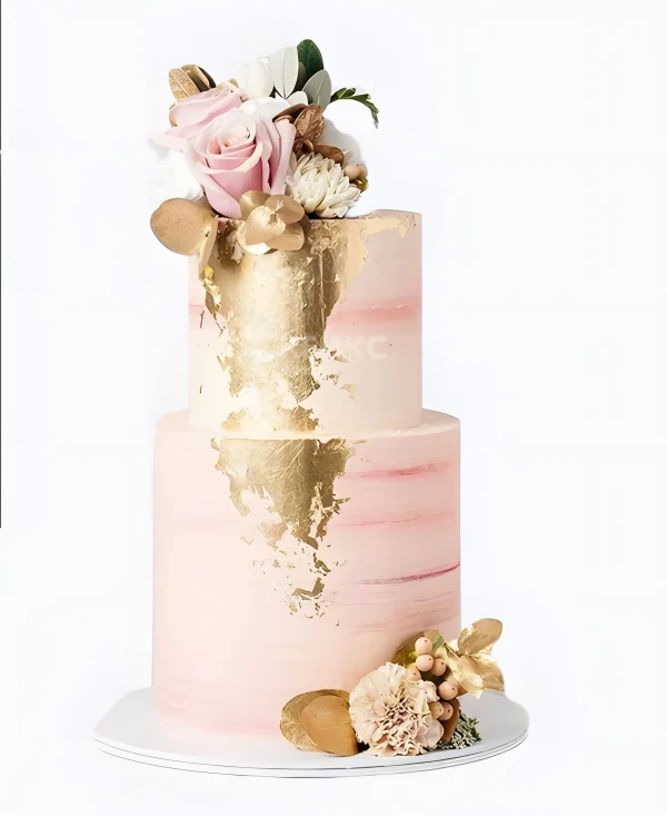 Двухъярусный свадебный торт без мастики с золотом и цветами из мастики Фото