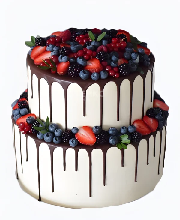 Двухъярусный свадебный торт без мастики с ассорти из ягод Фото