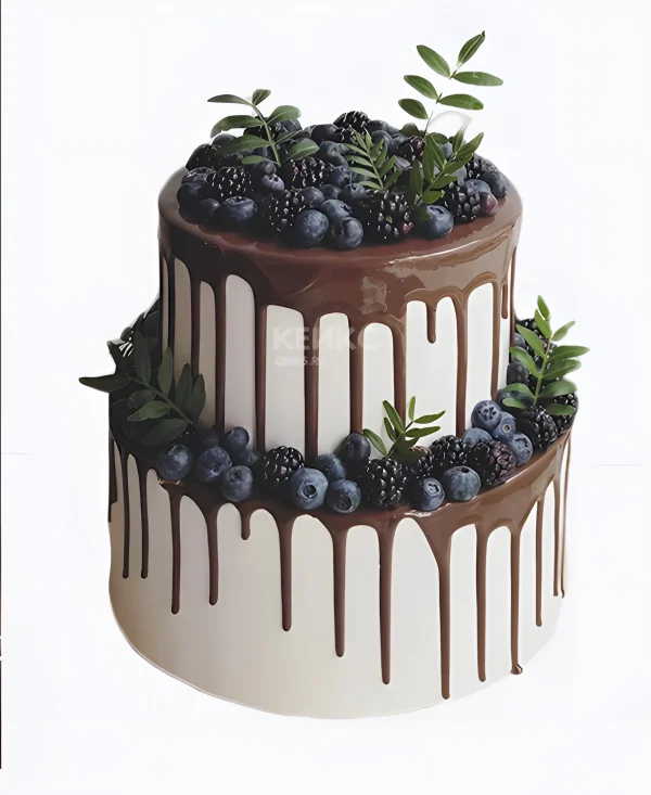 Красивый двухъярусный свадебный торт с черникой Фото