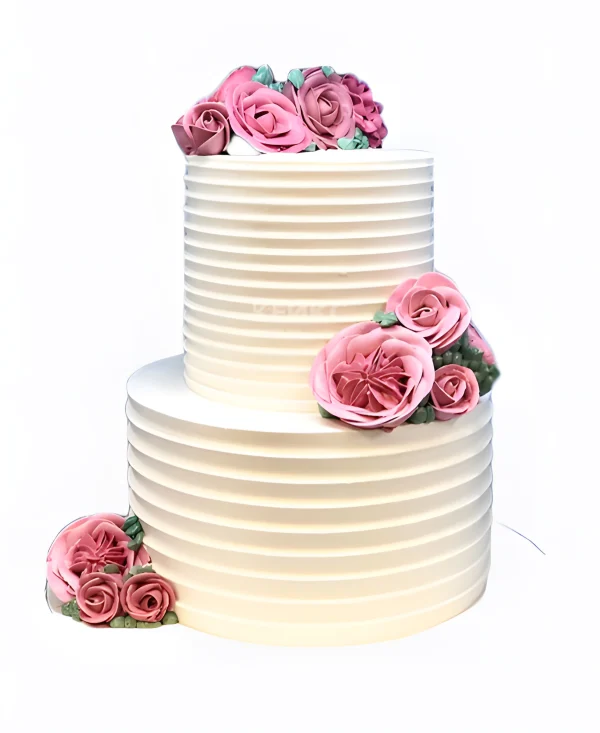 Белый свадебный торт 2 яруса с розовыми розами Фото