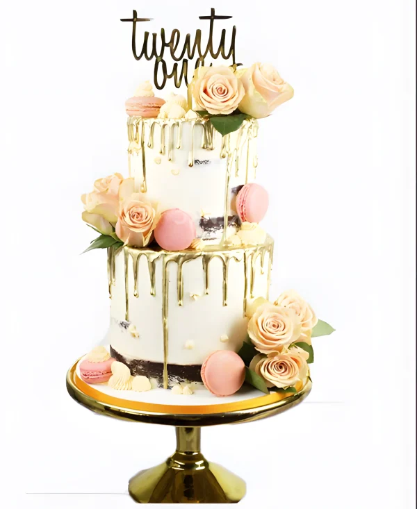 Двухъярусный свадебный торт без мастики с золотыми подтеками и цветами Фото