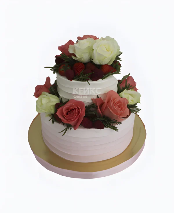 Свадебный торт с кремом без мастики и с пышными розами Фото