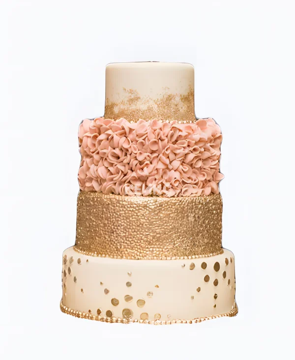 Мастичный свадебный торт с золотом и рюшами Фото