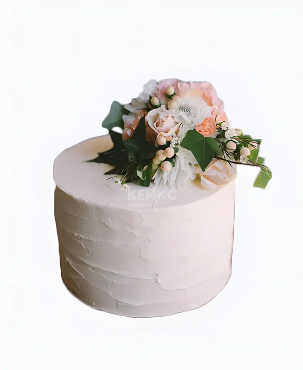 Одноярусный свадебный торт без мастики с хризантемами Фото