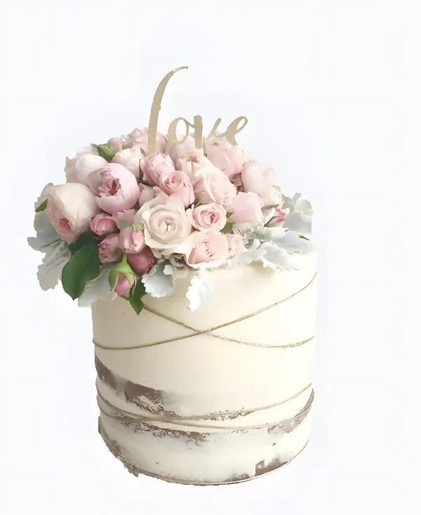 Одноярусный свадебный торт без мастики с нежными цветами Фото