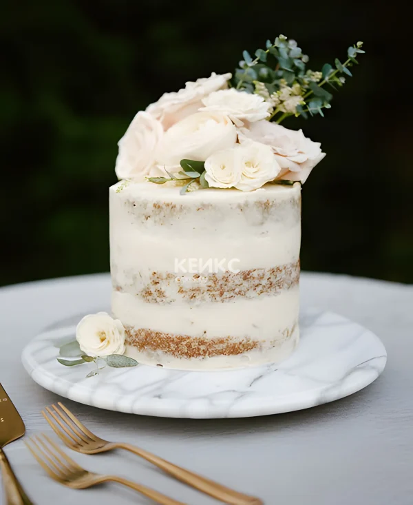 Одноярусный свадебный торт без мастики с шапкой из роз и зелени Фото