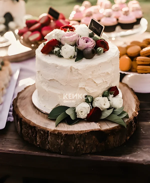 Одноярусный свадебный торт с разноцветной эустомой Фото