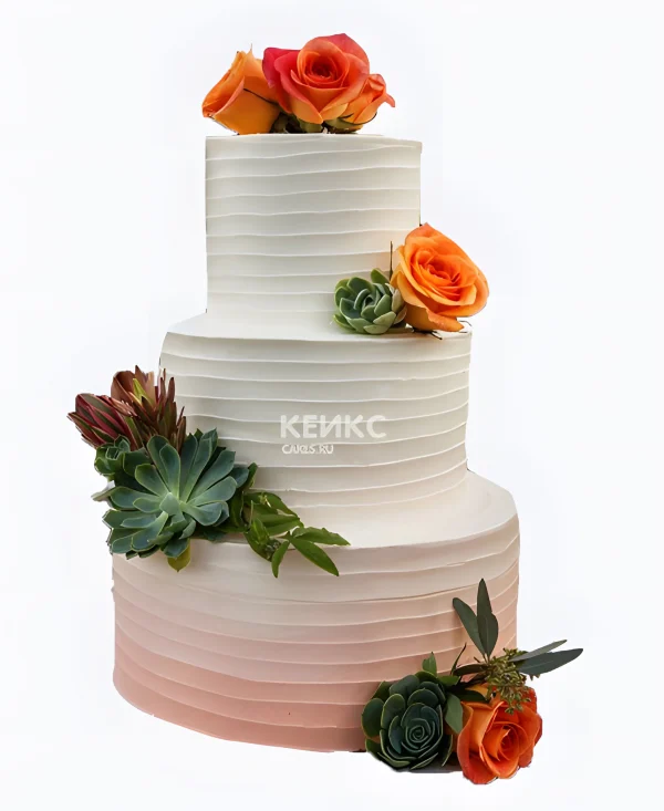 Свадебный торт с персиковым градиентом и розами Фото